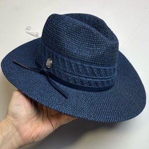 Vince Camuto blue packable Panama hat with tie band